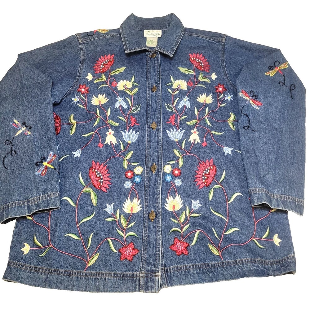 The Quacker Factory L Chambray Beaded Embroidered Shirt Floral Dragon Flies